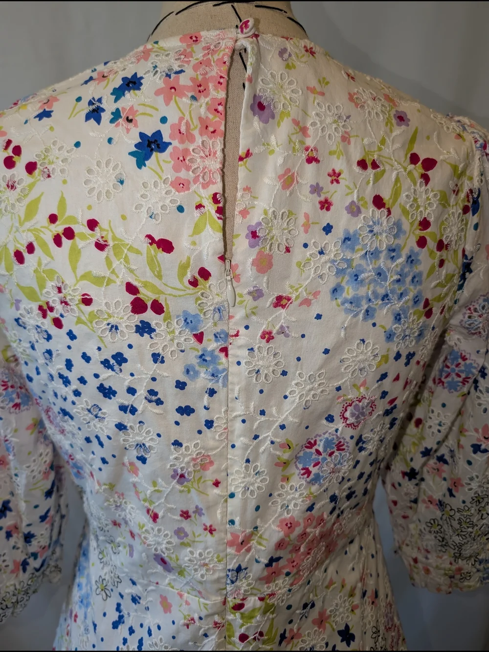 White Floral Midi Dress Eyelet, Blue pink‎ yellow embroidery ruffle 100% cotton